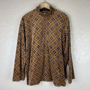 Vtg Liz Claiborne XL Velvet Pullover Popover Tartan Plaid Brown Soft 1/4 Zip